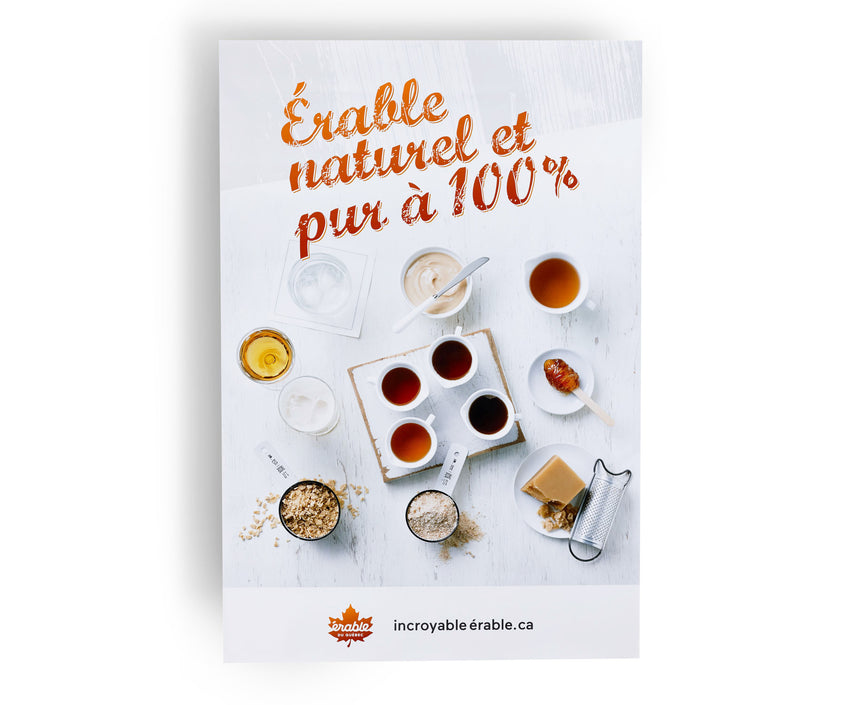 Poster 2'x3', montrant les divers produits d'érable pur à 100% du Québec