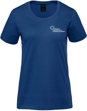 Producteurs et productrices acéricoles du Québec - S05501 T-shirt en coton biologique à encolure dégagée femme - SE. S16333 (AVG) - SE. S16334 (NUQUE)(BLEU)