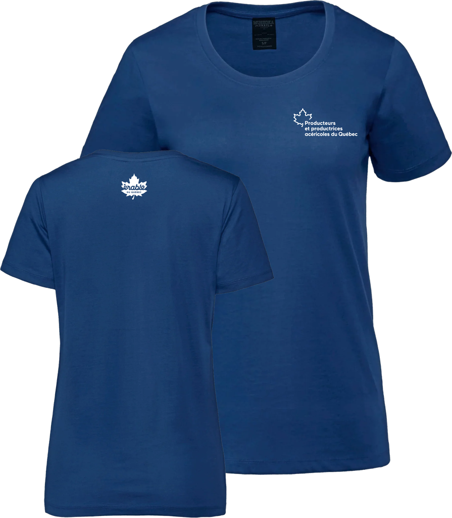 Producteurs et productrices acéricoles du Québec - S05501 T-shirt en coton biologique à encolure dégagée femme - SE. S16333 (AVG) - SE. S16334 (NUQUE)(BLEU)