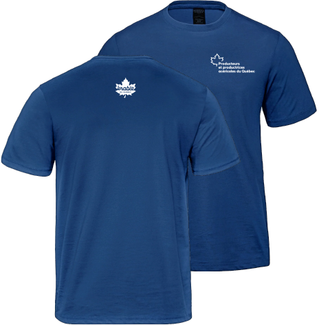 Producteurs et productrices acéricoles du Québec - S05500 T-shirt en coton biologique unisexe (BLEU) - SE. S16333 (AVG) + SE. S16334 (NUQUE)