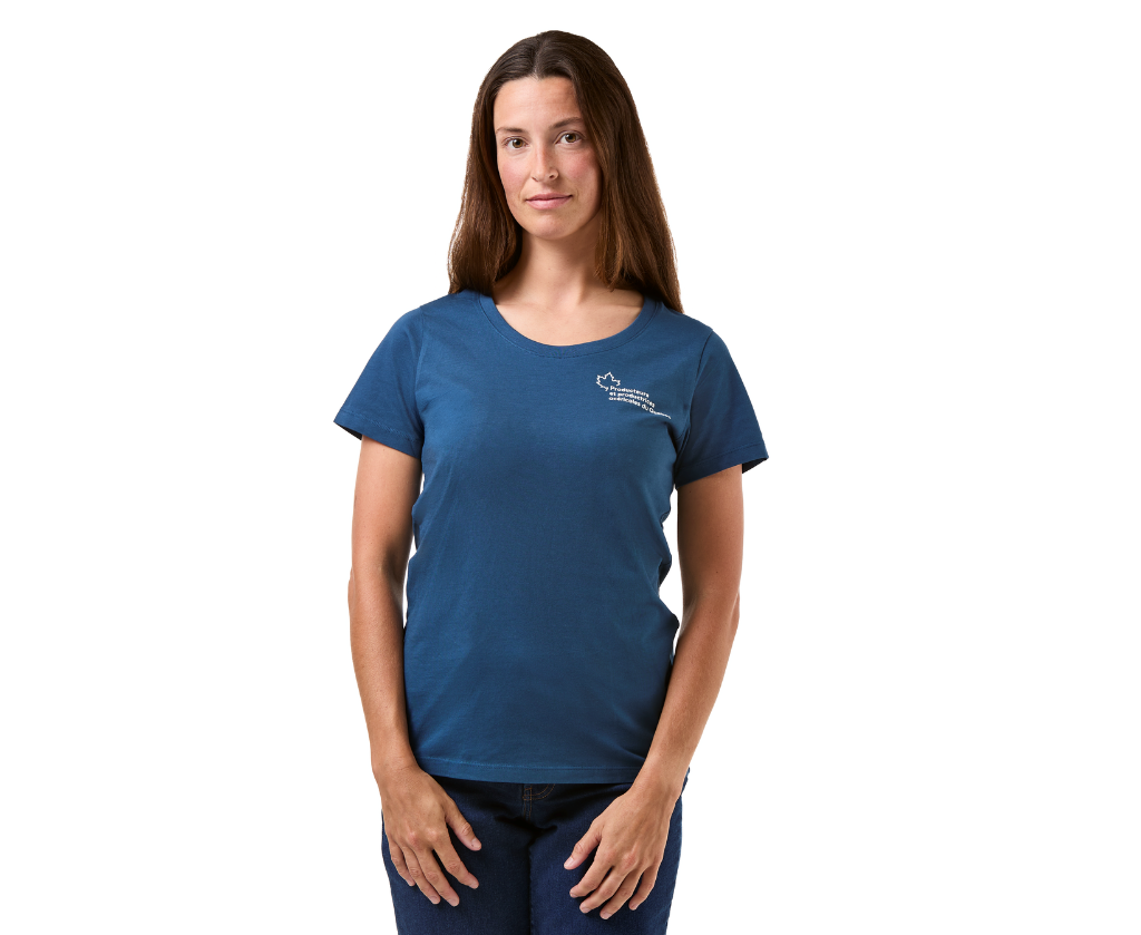 Producteurs et productrices acéricoles du Québec - S05501 T-shirt en coton biologique à encolure dégagée femme - SE. S16333 (AVG) - SE. S16334 (NUQUE)(BLEU)